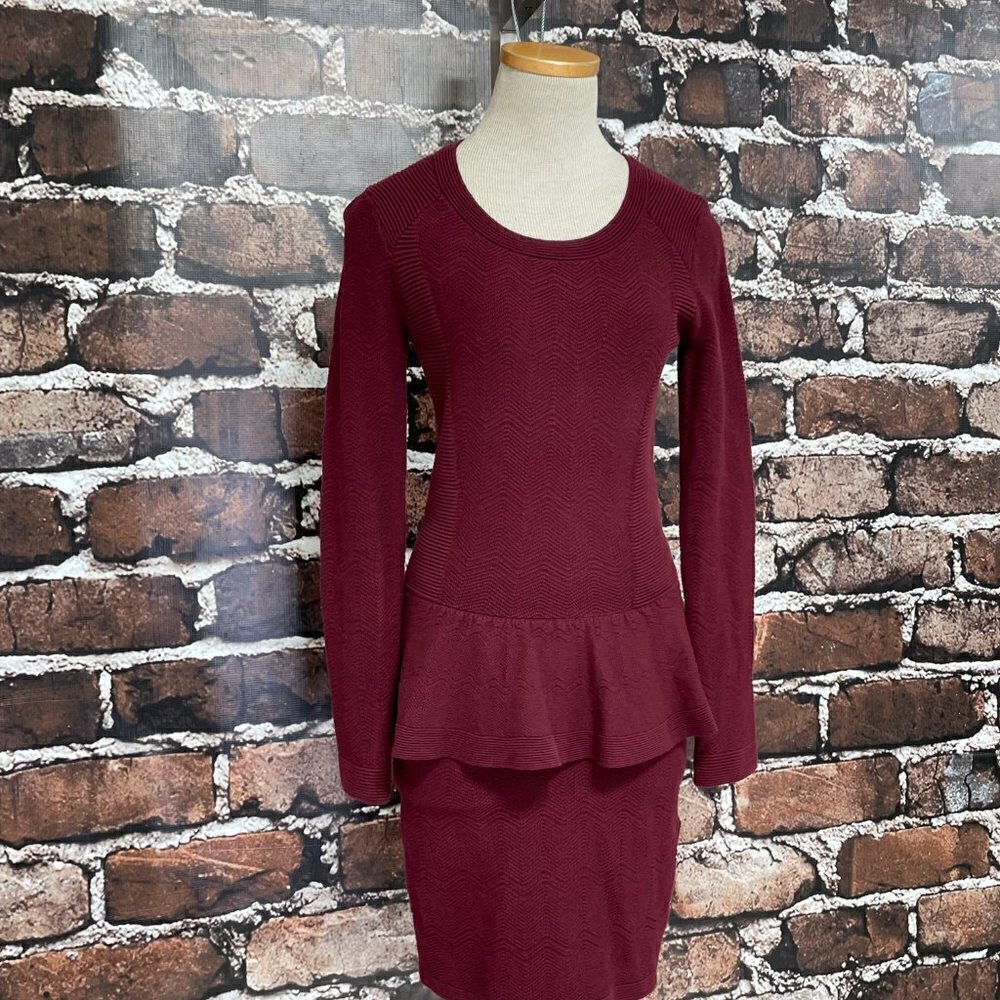 Sandro Paris Dress Peplum Knit Burgundy Red Chevron Long Sleeves Size 2 4 - Picture 8 of 15